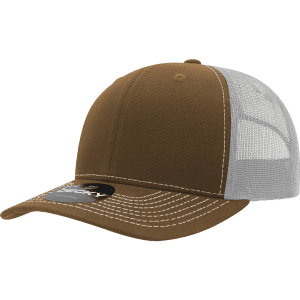 A brown structured trucker cap with a mesh back, featuring contrast stitching and a logo.