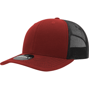 A red and black trucker cap with a structured mid-profile and mesh backing, featuring a logo on the front.