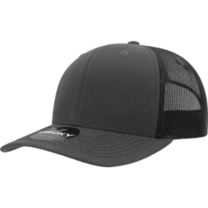 A grey structured trucker cap featuring a mesh back and a branded logo.