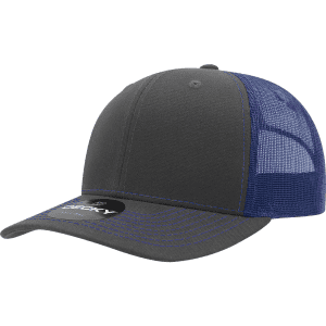 A grey cap with a structured mid-profile and blue mesh backing, featuring a logo on the front.