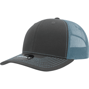A grey and blue trucker cap featuring a structured design and contrasting stitching, with a logo on the front.