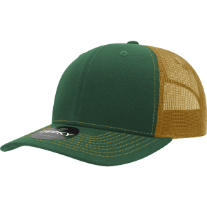 A green and brown trucker cap with a structured design and a mesh back, featuring a logo.