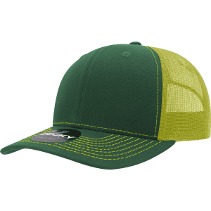 A green trucker cap with a yellow mesh back and contrasting stitching, featuring a branded tag.