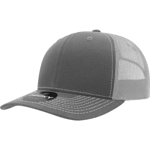A grey trucker cap with a structured six-panel design and mesh back, featuring contrast stitching and a logo.