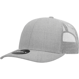 A grey structured trucker cap with a mesh back, featuring a rounded peak and a branded tag.