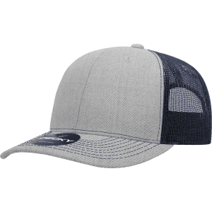 A grey and navy trucker cap with a structured mid-profile design and a mesh back, featuring a logo.