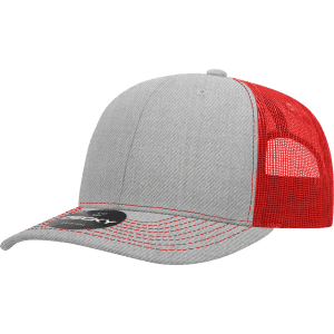 A grey and red structured trucker cap with a mesh back, featuring a logo on the front.