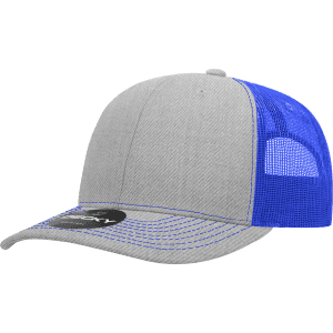 A grey and blue 6 panel mid-profile structured trucker cap with a mesh back and a logo.