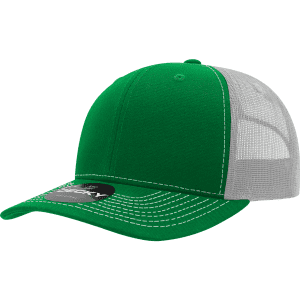 A green trucker cap with a structured mid-profile design and contrasting grey mesh panels, featuring a logo.