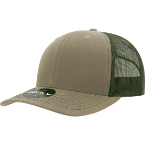 A khaki and green structured trucker cap with a mesh back and a logo on the front.