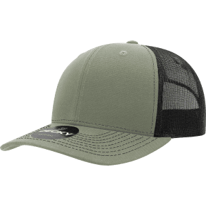 A mid-profile structured trucker cap in olive green with a black mesh back, featuring a logo on the front.