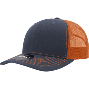 A structured trucker cap featuring a navy blue fabric with orange mesh panels and contrasting stitching.