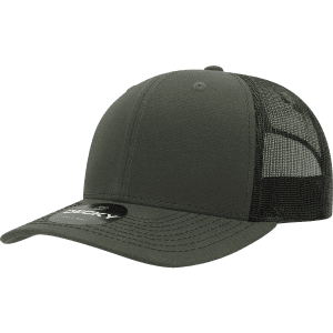 A grey trucker cap featuring a structured mid-profile design with mesh panels and a logo.