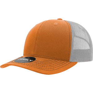 An orange trucker cap with a mid-profile structured design and grey mesh panels, featuring a logo on the front.