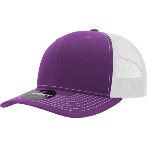A purple and white structured trucker cap with a contrasting stitching design and a logo on the front.