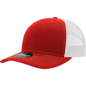 A red and white structured trucker cap with a mid-profile design and a logo.