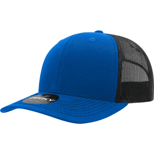 A blue and black 6 panel mid-profile structured trucker cap with a mesh back and a logo.