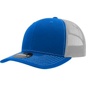 A blue and grey trucker cap with a structured profile and a logo on the front.