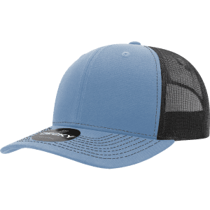 A blue structured trucker cap with a black mesh back and a curved brim. The cap features a logo on the front.