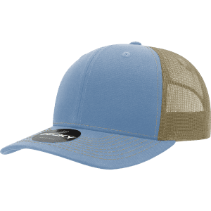 A blue and tan trucker cap with a structured design and mesh back, featuring a logo on the front.