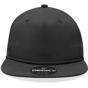 A high-profile, relaxed black rope hat featuring a branded patch on the front.
