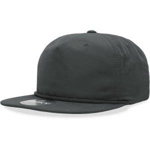 A grey 5 panel high pro cotton/poly blend rope hat with a flat brim and a logo.