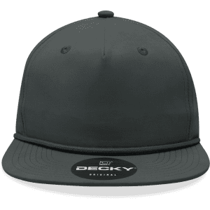 A high-profile, relaxed 5-panel hat in dark grey, featuring a decorative rope and a logo on the front.