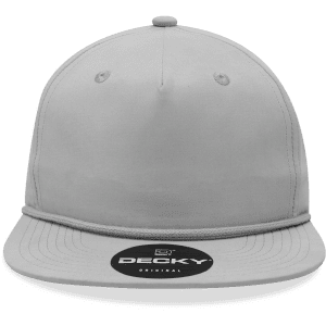 A high-profile, relaxed grey rope hat with a round brim and a logo on the front.