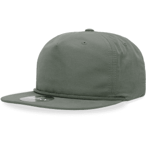 A green 5 panel high profile relaxed rope hat with a flat brim and a branded logo.