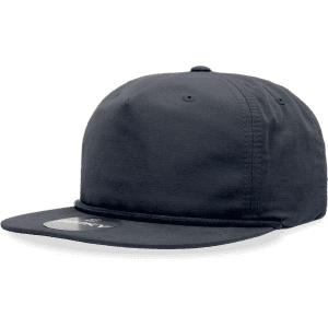 A grey 5 Panel High Profile Relaxed Rope Hat with a curved brim and a logo on the front.