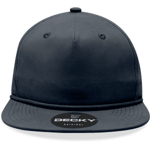 A navy five-panel high-profile relaxed rope hat with a logo on the front.