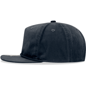 A high-profile, relaxed 5-panel hat in dark grey with a flat brim and a back rope detail. It features a logo.