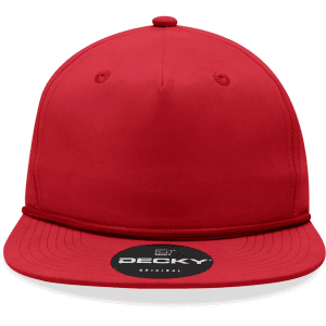 A red 5-panel high profile relaxed rope hat with a branded logo on the front.