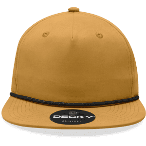 A high-profile, relaxed-fit rope hat in a golden mustard colour, featuring a branded logo on the front.