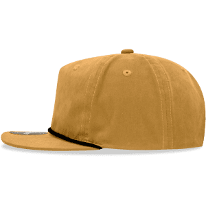 A high-profile relaxed rope hat in a golden brown colour, featuring a branded logo on the front.