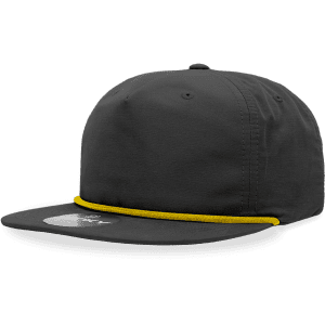 A high-profile, relaxed black hat with a yellow rope detail and a curved brim. Features a logo on the front.