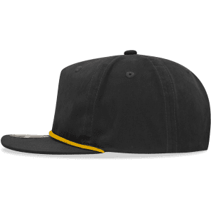 A high-profile black relaxed rope hat featuring a yellow accent and a logo on the front.