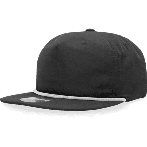 A high-profile, relaxed black hat with a flat brim and a decorative rope detail along the front.