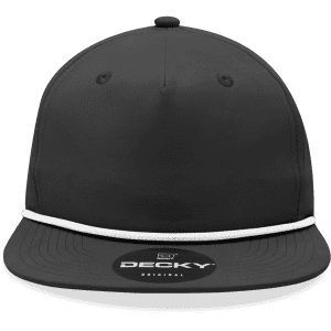 A black high-profile relaxed rope hat featuring a white rope band and a logo on the front.