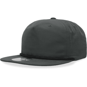 A high-profile relaxed rope hat in dark grey featuring a curved brim and a logo.