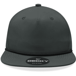 A black high profile relaxed rope hat featuring a round crown and a flat brim, with a logo on the front.