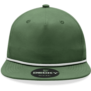 A green 5 Panel High Profile Relaxed Rope Hat with a flat brim and a decorative rope detail. Features a logo on the front.