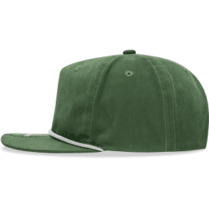 A green 5 panel high profile relaxed rope hat with a white rope detail and logo on the front.
