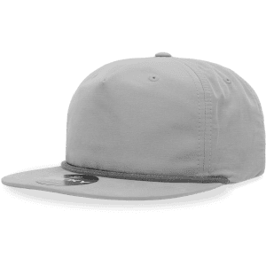 A grey 5-panel high profile relaxed rope hat featuring a flat brim and a logo on the front.
