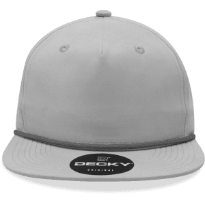A grey 5 panel high profile relaxed rope hat with a round logo on the front.
