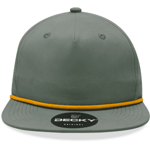 A grey high-profile relaxed rope hat with an orange braided band and a logo on the front.