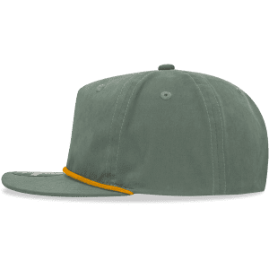 A green 5 Panel High Profile Relaxed Rope Hat features an orange detailing and has a logo on the front.