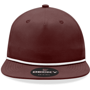 A maroon high profile relaxed rope hat with a white cord and a logo on the front.