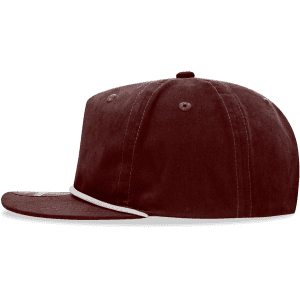 A maroon 5 panel high profile relaxed rope hat with a white rope detail and a logo on the front.