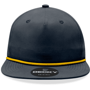 A high-profile, relaxed 5-panel hat in navy with a yellow rope accent and a logo on the front.